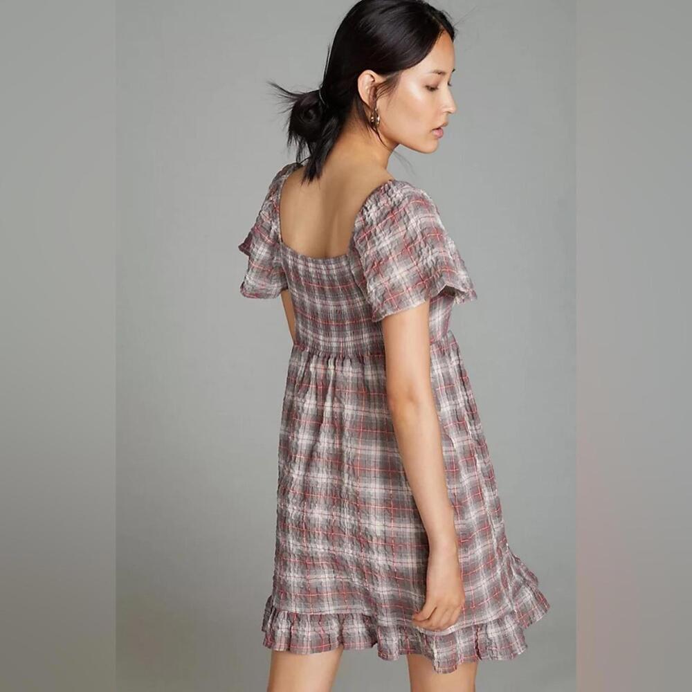 {SOLD} Maeve Anthropologie Grey & Red Plaid Flutter Sleeve Mini Dress Size Small - Picture 3 of 9